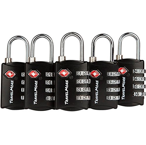 5 Pack TSA Luggage Locks with 4 Digit Combination – Heavy Duty Set Your Own Padlocks for Travel  Baggage  Suitcases   Backpacks - Black