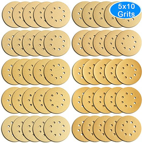 AUSTOR 50 Pieces Gold Sanding Discs  5 Inch 8 Holes Dustless Hook and Loop 60  80  100  120  150  180  240  320  400  800 Grit Sandpaper Assortment for Random Orbital Sander