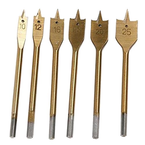 Breynet 6pcs Spade Paddle Flat Wood Boring Drill Bit Set Titanium Coated Paddle Flat Woodworking Wood Tools Kit 10mm 12mm 16mm 18mm 20mm 25mm Drill Bit