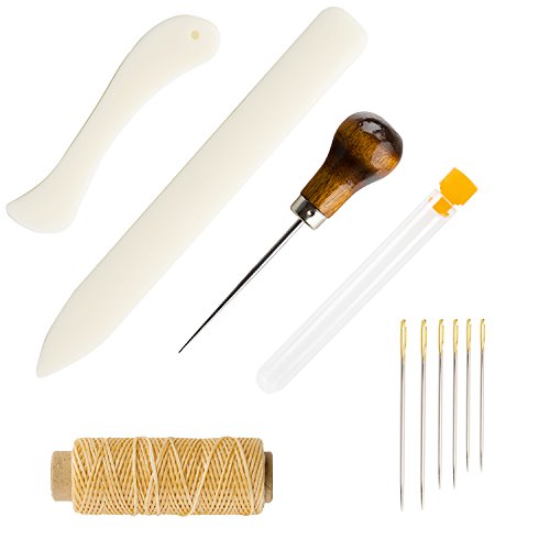 Enjoins Bookbinding Tools Set Bone Folder Creaser Waxed Linen Thread Wood Handle Awl Large-eye Needles for Handmade Books Bookbinding and Sewing Supplies 11 Pieces