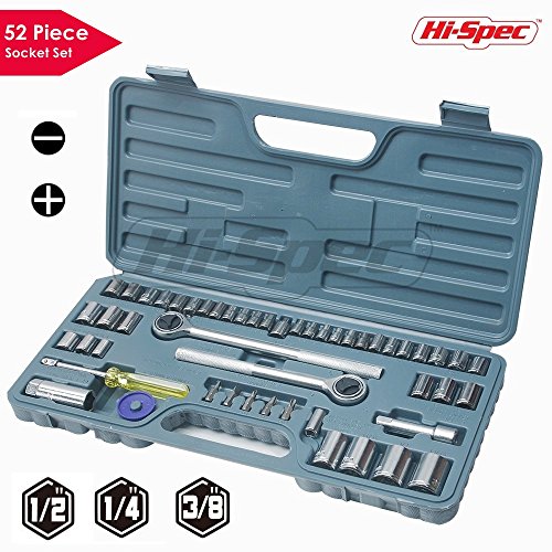 Hi-Spec 52 Piece SAE   Metric Socket Set including 1 2  and 3 8  Reversible Ratchet Handle   1 4  Socket Drive Spinner Handle  all in Sturdy Blow Mold Case
