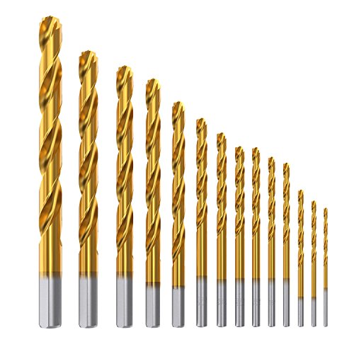 Meterk 14PCS Titanium Drill Bit Set  Made from Titanium Coated High Speed Steel Hardness HRC64-66 Drills Through Concrete  Tile  Brick  Plastic  Wood  Metal etc