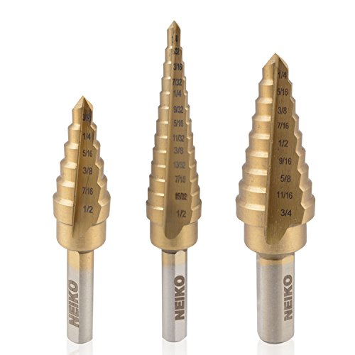 Neiko 10193A Titanium Step Drill Bit Set  High Speed Steel   3-Piece Set   Total 28 Sizes