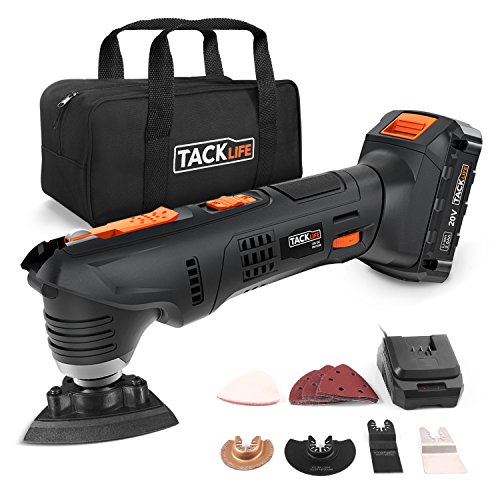 Oscillating Tool  Tacklife PMT03B 20V Max Cordless Multifunctional Tool  2 0Ah Lithium-Ion Battery  1 Hour Fast Charge  6 Variable Speed for Grout Removing  Scraping  Cutting and Polishing