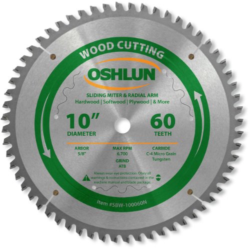 Oshlun SBW-100060N 10-Inch 60 Tooth Negative Hook Finishing ATB Saw Blade with 5 8-Inch Arbor for Sliding Miter and Radial Arm Saws
