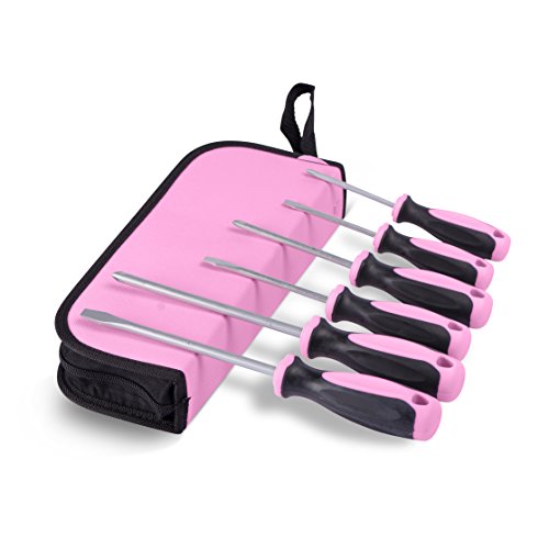 Pink Power Screwdriver Set with Pink Tool Bag - 6 Piece Phillips and Flathead Hand Tool Set for Women
