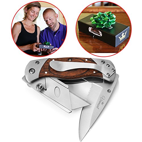Premium Folding Utility Knife 2-in-1- Handmade Box Cutter with Belt Clip - Stainless Steel   Wood Handle Razor Knives  Best Gift Idea by Vermont