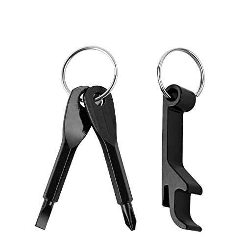 QWORK 3 Pcs Set of Portable Stainless Steel Screwdriver Key (flat head   Philips head) with Key Ring plus Can Bottle Opener Key Chain (Black)
