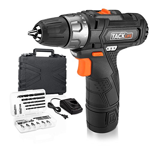 Tacklife PCD02B 12V Lithium-Ion Cordless Drill Driver 3 8-Inch Chuck Max Torque 220 In-lbs  2 Speed  1 Hour Fast Charger  19 1 Position with LED  17pcs Drill Driver Bits Included  Black