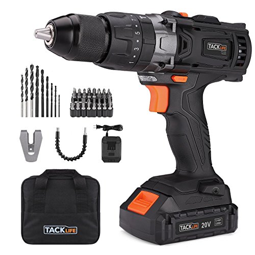 Tacklife PCD04B 20V MAX 1 2  Cordless Drill Driver Set with Hammer Function  2-Speed Max Torque 310 In-lbs  43pcs Accessories Included  2 0Ah Lithium-Ion Battery