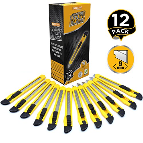 Tape King Utility Knife Box Cutter Razor Set (12-Pack  9mm Blade Cutters) - Retractable  Lightweight  Compact  Extended Use for Office  Home  Arts  Crafts  Hobby for Cutting Boxes  Cartons  Cardboard