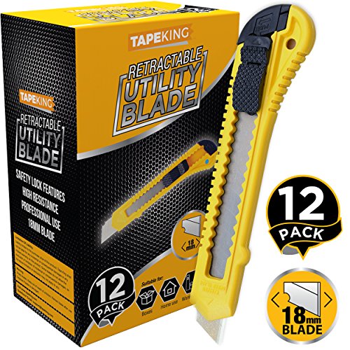 Tape King Utility Knife Box Cutters (12-Pack Bulk  18mm Wide Blade Cutter) - Retractable  Compact  Extended Use for Heavy Duty Office  Home  Arts Crafts  Hobby for Cutting Boxes  Cartons  Cardboard