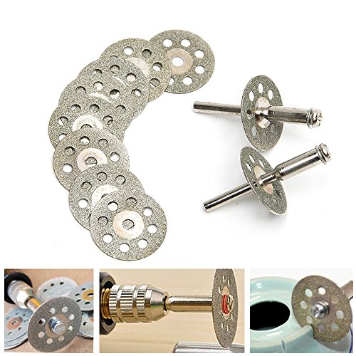 Tonsiki 10 Pcs 20mm Diamond Saw Cutting Cut Off Discs Wheel Blades Gemstones Glass Set Shank Rotary Tool Sheet with 2 Pcs Mandrel Dremel