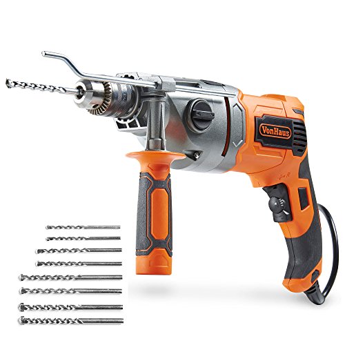 VonHaus 10 Amp VSR 1 2 Inch Pistol Grip Hammer Drill Kit  8 Drill Bit Set  Metal Depth Gauge  Lock-On Switch  Power Trigger and Speed Adjustment