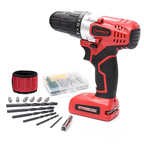 WORKSITE 8V Electric Cordless Drill ScrewDriver With 1300mA Lithium-Ion Battery  16 Position Keyless Clutch  Variable Speed Switch  Lightweight  Built-in LED Light  13 Pcs Bits Set  Magnet Wristband