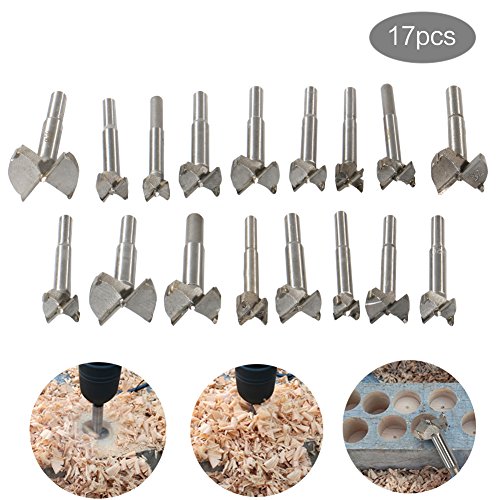 Woodworking Forstner Drill Bits Sets  HEHEINC 17 PCS Carbon High Speed Steel Wood Working Hole Cutter Titanium Coated Wood Boring Hole Drilling Sets with Round Shank 15mm-38mm