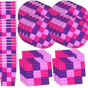 Pink Building Blocks Birthday Party Supplies Set Plates Napkins Cups Kit for 16