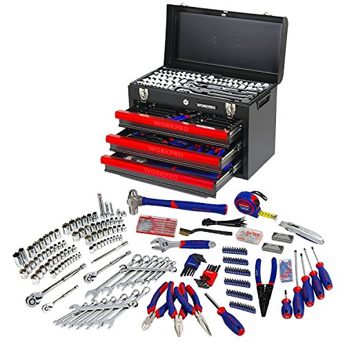 WORKPRO W009044A Mechanics Tool Set with 3-Drawer Heavy Duty Metal Box (408 Piece)