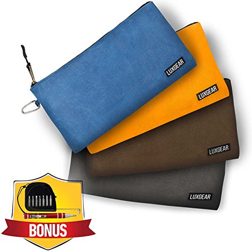 Waxed Canvas Tool Bags Bundle - 4 Pack - 20oz Heavy Duty - Waterproof - 10 Gauge Brass Zipper Bag - 12 5” x 7” - Tool Pouches - Multipurpose Pouch - 8 in 1 Screwdriver   16 Foot Tape Measure Included