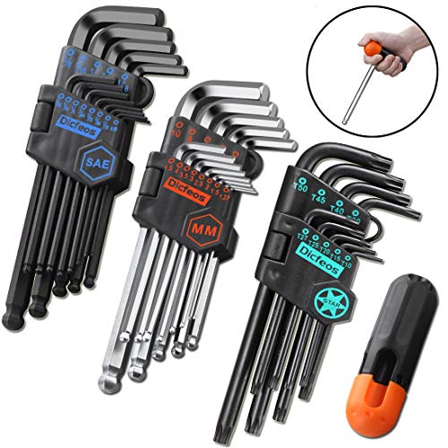 Dicfeos Hex Key Allen Wrench Set  SAE Metric Star Long Arm Ball End Hex Key Set Tools  Industrial Grade Allen Wrench Set  Bonus Free Strength Helping T-Handle  S2 Steel (35 Pieces)