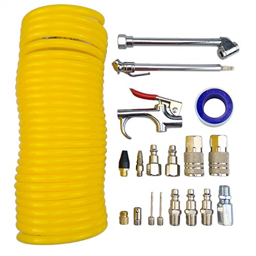 Tuhoomall Air Compressor Accessory Kit  1 4  NPT Air Tool Kit w 1 4 x25Ft Coil Nylon Hose  Blow Gun  Tire Gauge - 20 Piece